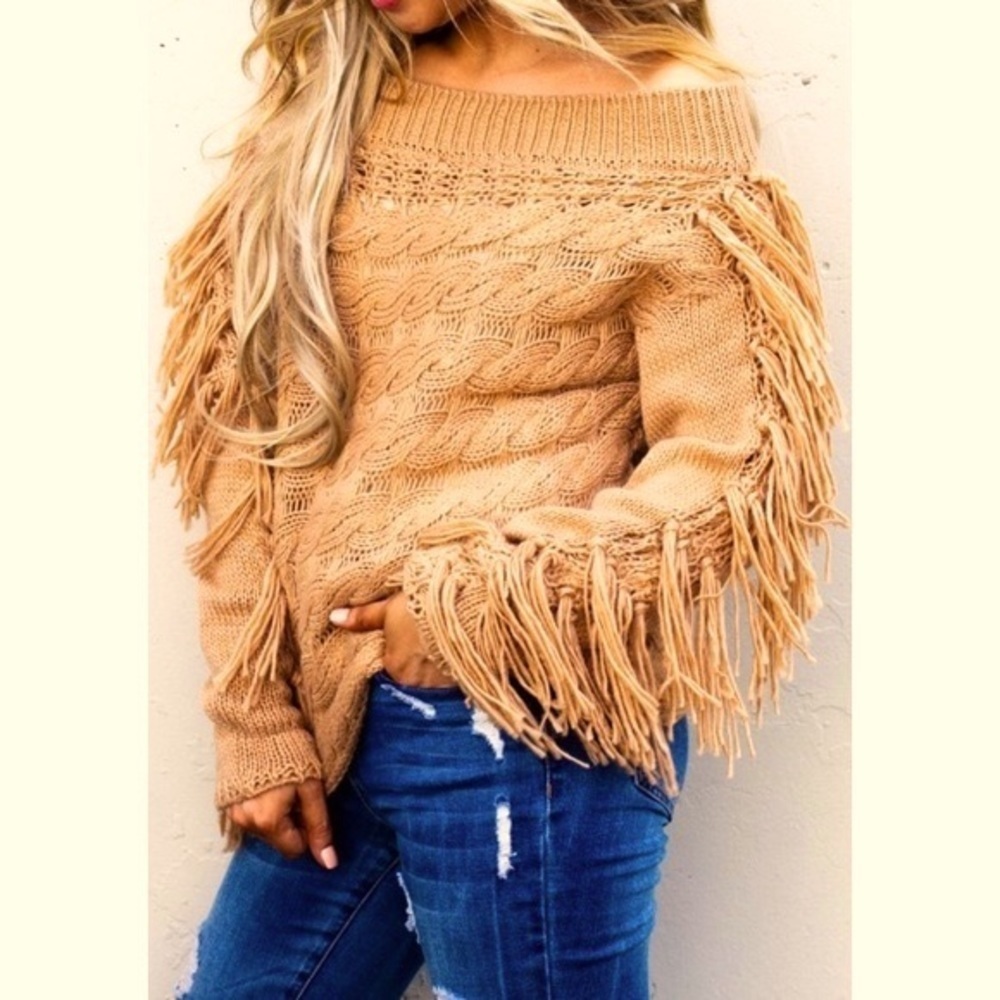 Western Tassel Sleeve Off Shoulder Pullover Sweater NWT - Picture 2 of 7